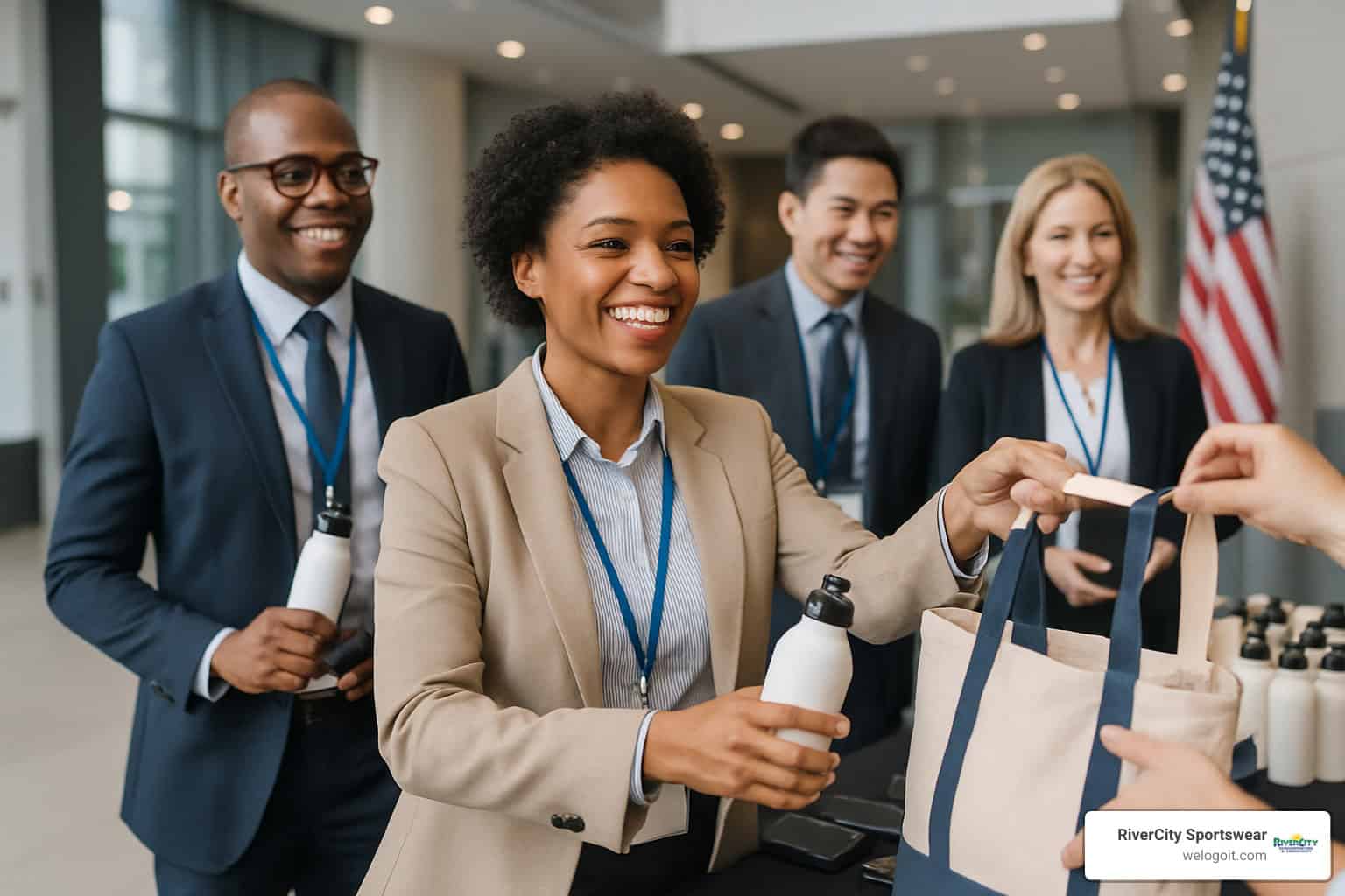 corporate event attendees receiving branded merchandise - branded merchandise for corporate events corporate event attendees receiving branded merchandise - branded merchandise for corporate events